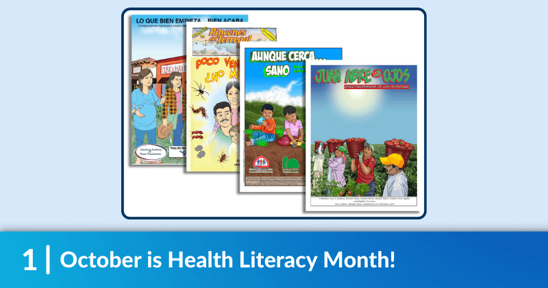 Selection of MCN's EOH comic book offerings on a light blue background. Heading reads, "October is Health Literacy Month!"