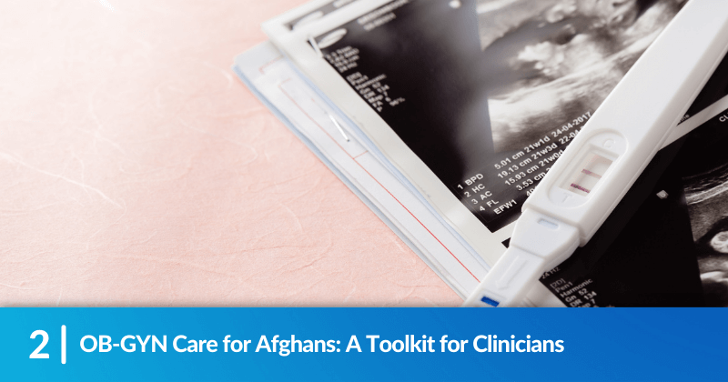 A pregnancy test and images on a soft pink background. Heading reads, OB-GYN Care for Afghans: A Toolkit for Clinicians