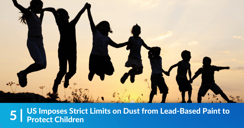 Kids holding hands and jumping into the air, silhouetted by the sunset. Heading reads, US Imposes Strict Limits on Dust from Lead-Based Paint to Protect Children