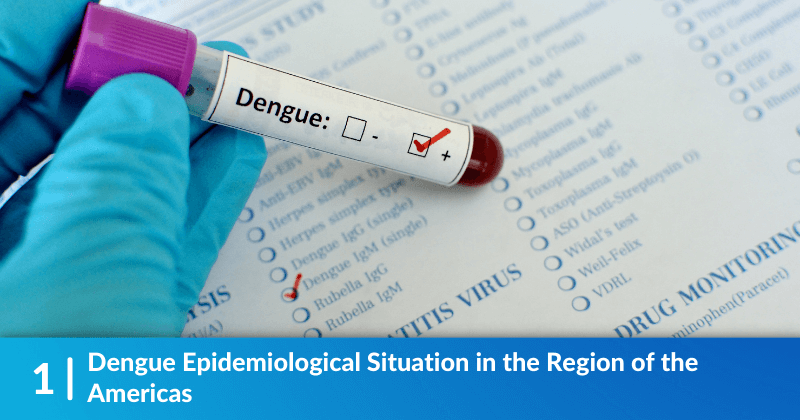 A gloved hand holds a vial reading, "Dengue". Heading reads, Dengue Epidemiological Situation in the Region of the Americas.