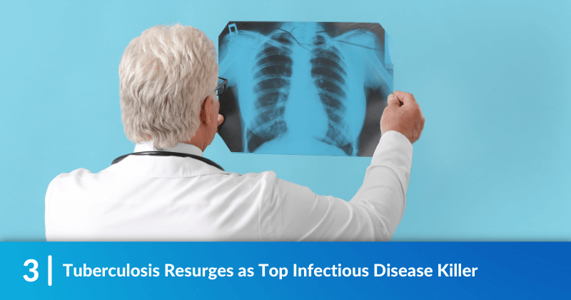 A doctor reviews an x-ray of a pair of lungs. The heading reads, Tuberculosis Resurges as Top Infectious Disease Killer.