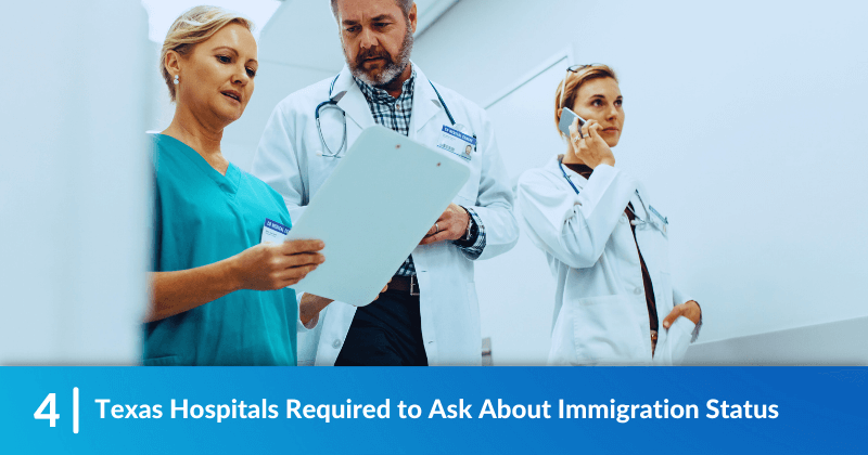 A doctor and a pair of nurses walking down the hall, one of them is holding a clipboard. Heading reads, Texas Hospitals Required to Ask About Immigration Status.