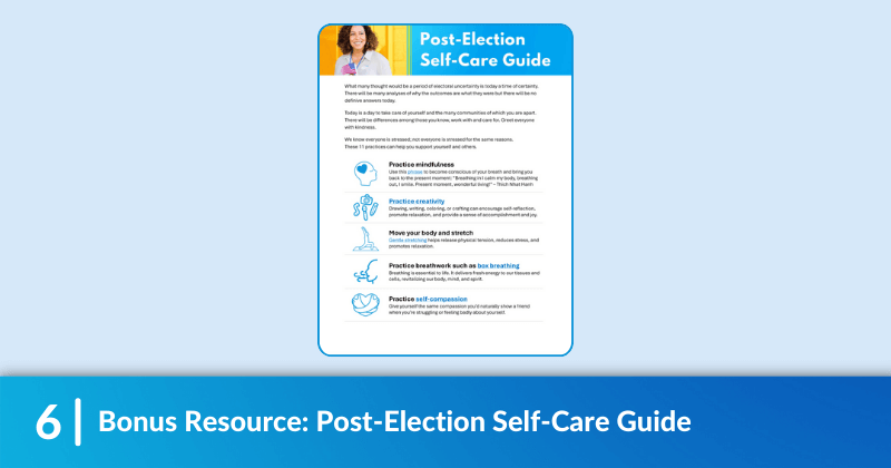 An image of the MCN resource, "Post-Election Self-Care Guide". Heading reads, Bonus Resource: Post-Election Self-Care Guide.