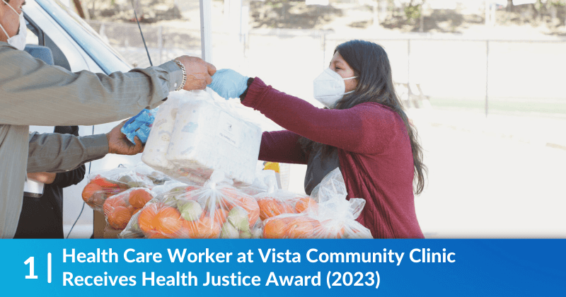 Our 2023 Kugel & Zuroweste Health Justice Award recipient, Deysi Merino-Gonzalez, working. Heading reads, Health Care Worker at Vista Community Clinic Receives Health Justice Award.