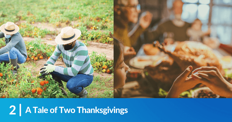 Two different images. On the left, a farmworker is picking tomatoes, and on the right, a family prays before their Thanksgiving meal. Heading reads, A Tale of Two Thanksgivings.