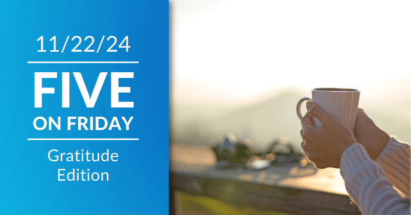 The Five on Friday header image, a pair of hands of holding a cup of coffee.