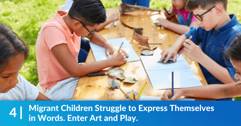 Children at a table, writing in journals. Heading reads, Migrant Children Struggle to Express Themselves in Words. Enter Art and Play.