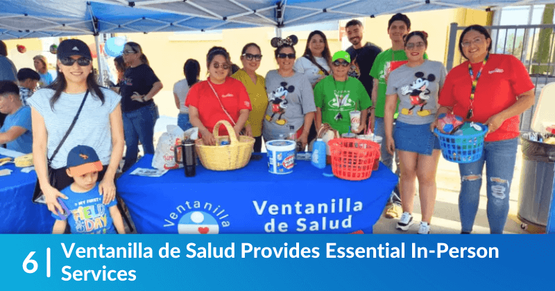 The staff of Ventanilla de Salud in Eagle Pass, at an event. Heading reads,  Ventanilla de Salud Provides Essential In-Person Services.