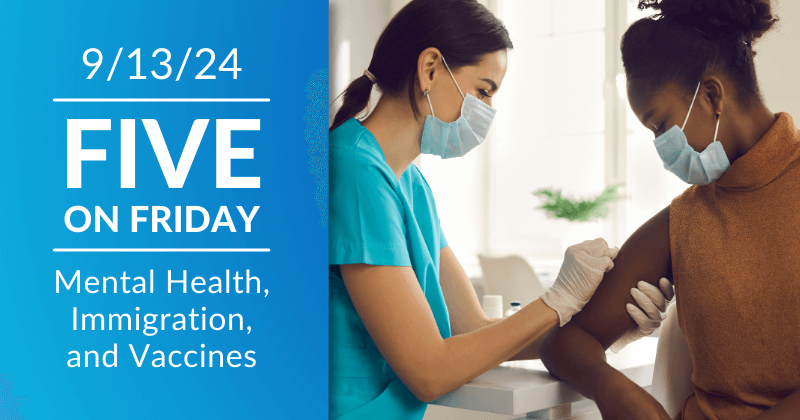 Five on Friday header image, clinician putting a bandage over a patient's vaccination site, on the arm.