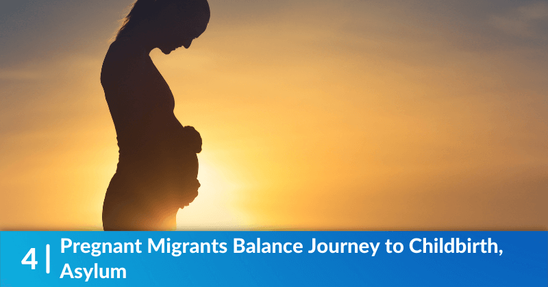 Pregnant person silhouetted against the sunset. The headline reads, "Pregnant Migrants Balance Journey to Childbirth, Asylum"