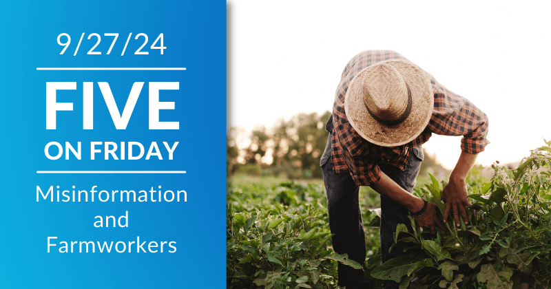 Five on Friday header image, man crouched over among crops in a field, his hat obscures his face.