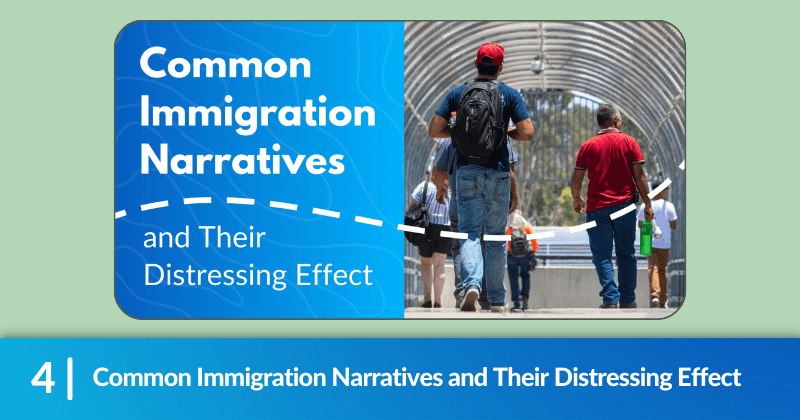 Banner image for the "Common Immigration Narratives and Their Distressing Effect" blog post, people walking away from the camera, through a tunnel.