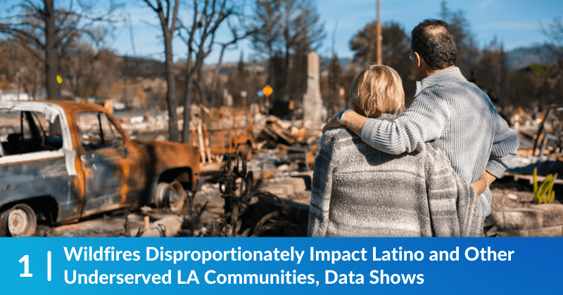 A couple standing in front of their burned home, the heading reads " Wildfires Disproportionately Impact Latino and Other Underserved LA Communities, Data Shows"