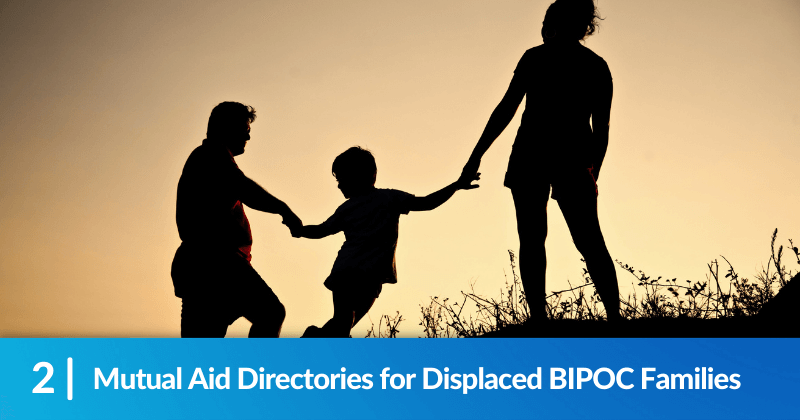 A family of three walking up a hill, silhouetted by the sunset. Heading reads, "Mutual Aid Directories for Displaced BIPOC Families".