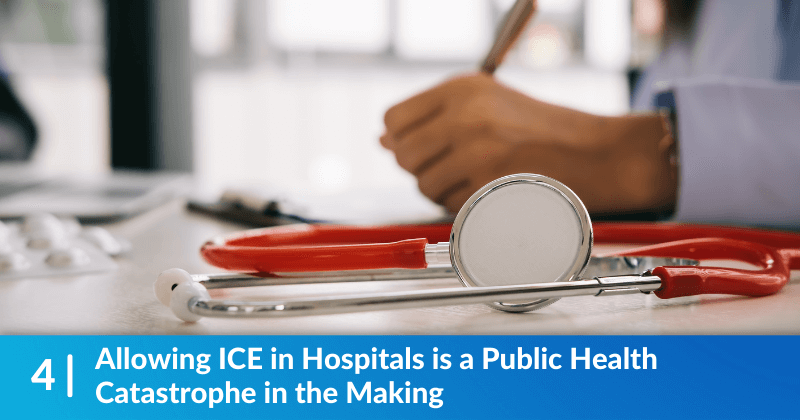 A doctor working at her desk. Heading reads, Allowing ICE in Hospitals is a Public Health Catastrophe in the Making.