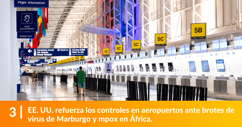 EE. UU. refuerza los controles en aeropuertos ante brotes de virus de Marburgo y mpox en África.