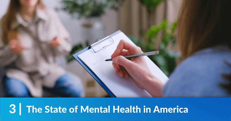 Therapist listens to patient - headline says "The State of Mental Health in America"